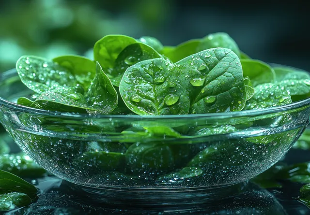 Fresh spinach leaves with water droplets sit in a clear glass bowl, reflecting on a dark gray-green background.