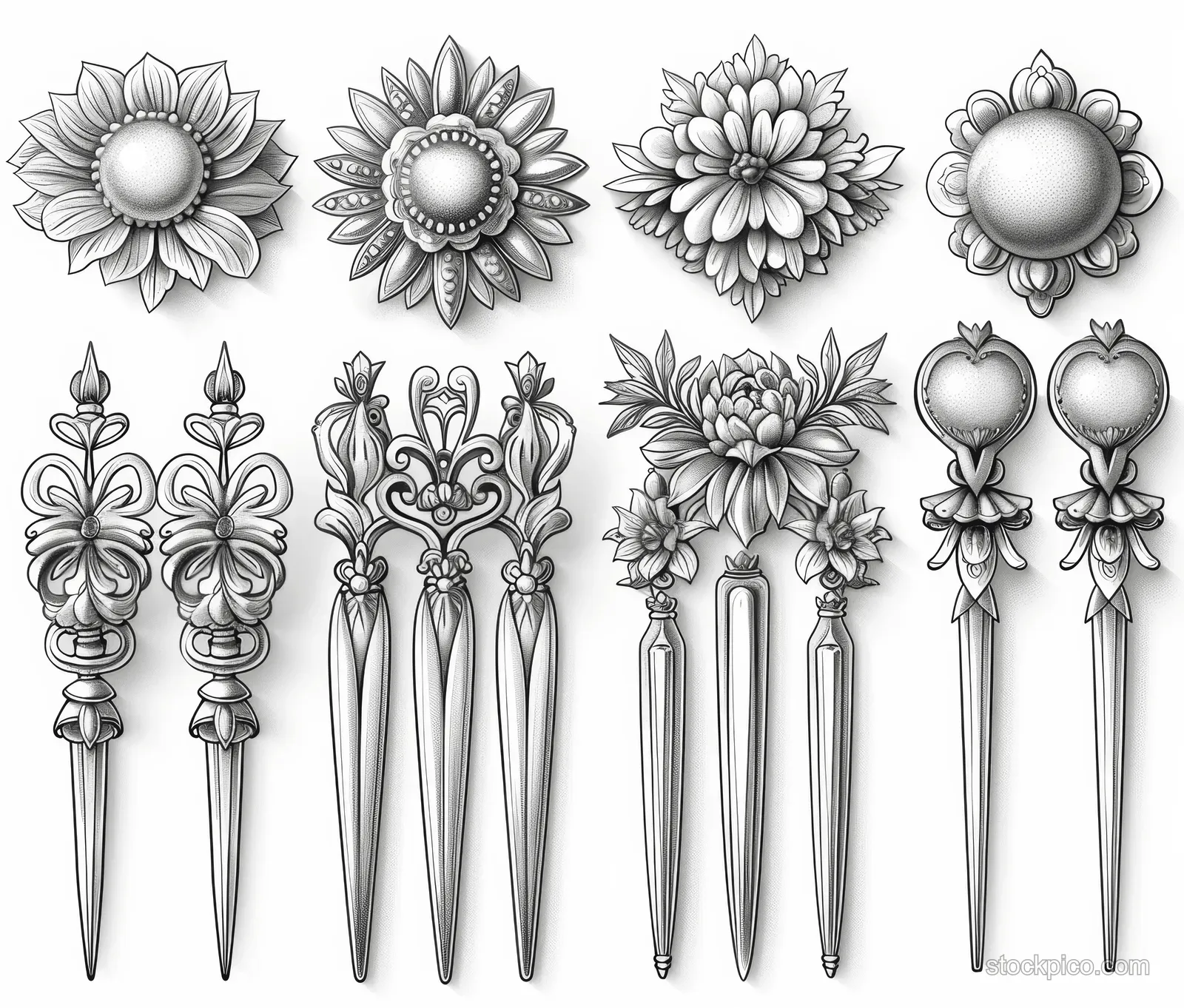 Top view sketch set of metal hair pins with flower and leaf ornaments on a white background.