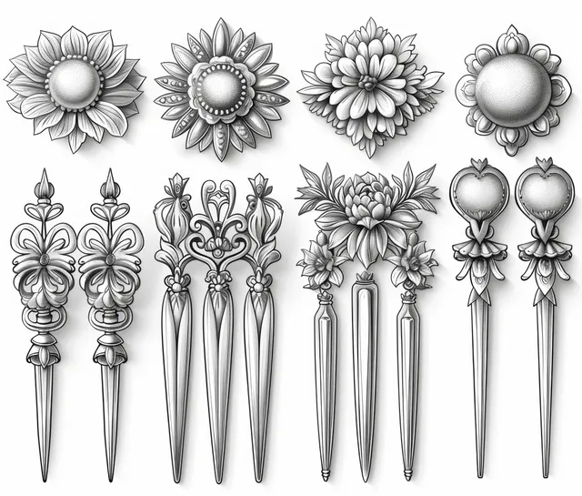 Top view sketch set of metal hair pins with flower and leaf ornaments on a white background.