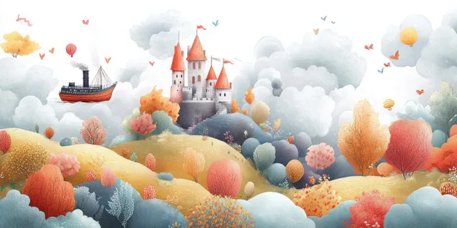 A pastel watercolor scene of a castle on cloud hills with a steamship floating among swirling clouds and colorful trees.