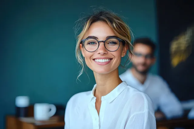 Smiling woman with glasses sits in an indoor workspace while a blurred coworker appears behind her.
