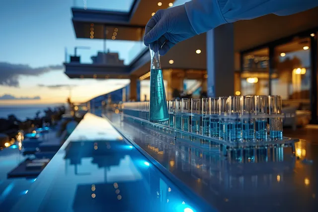 Gloved researcher pipettes green liquid into microtubes arranged in a laboratory rack under warm evening lights.