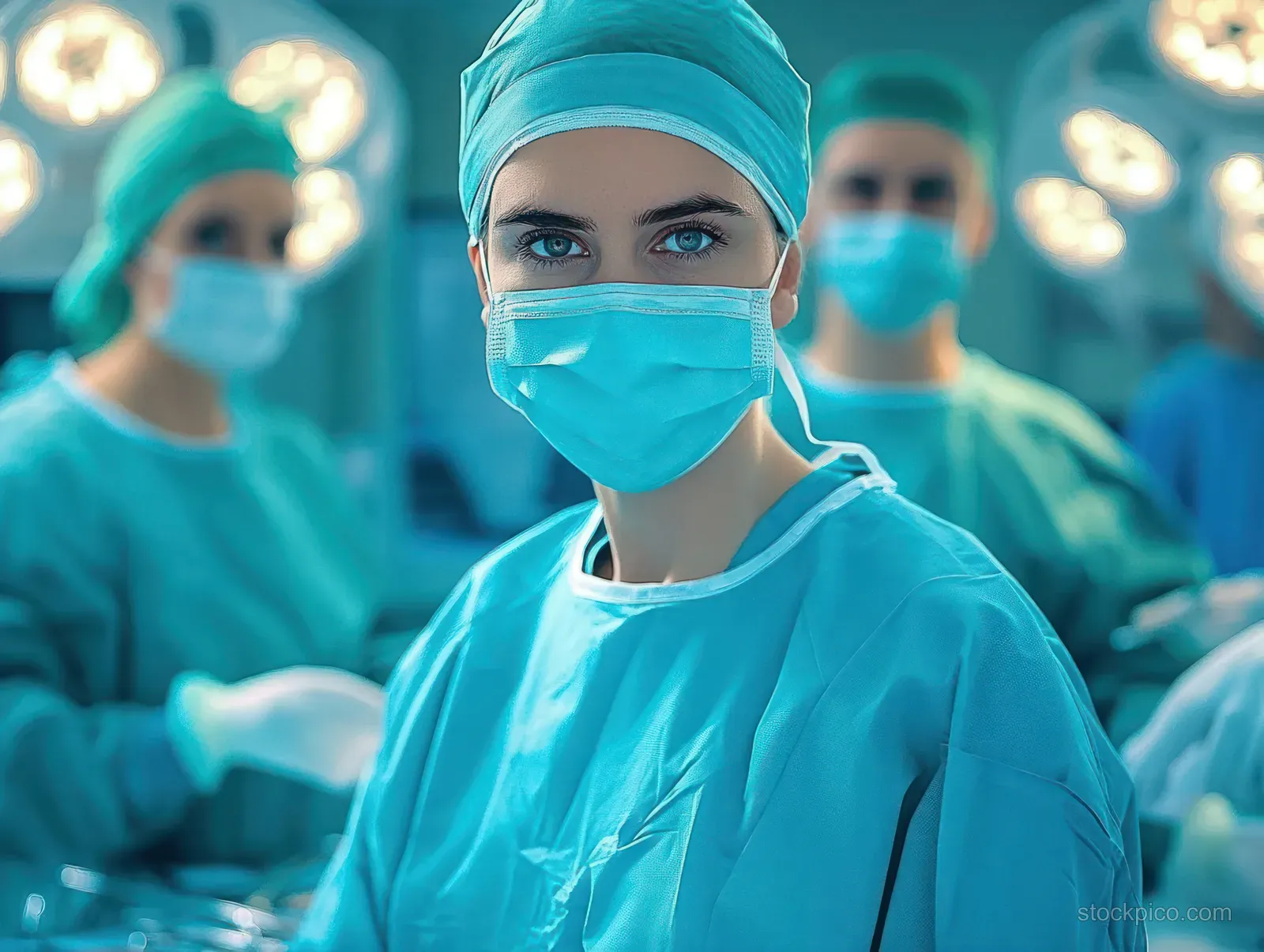Female surgeon wearing a surgical mask and blue scrubs stands in an operating room under bright lights with a team behind her.