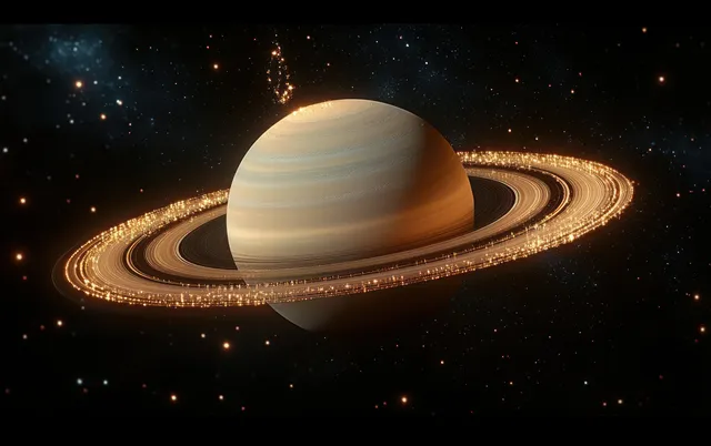 A glowing 3D Saturn ornament with golden rings centered against a dark starry space background.