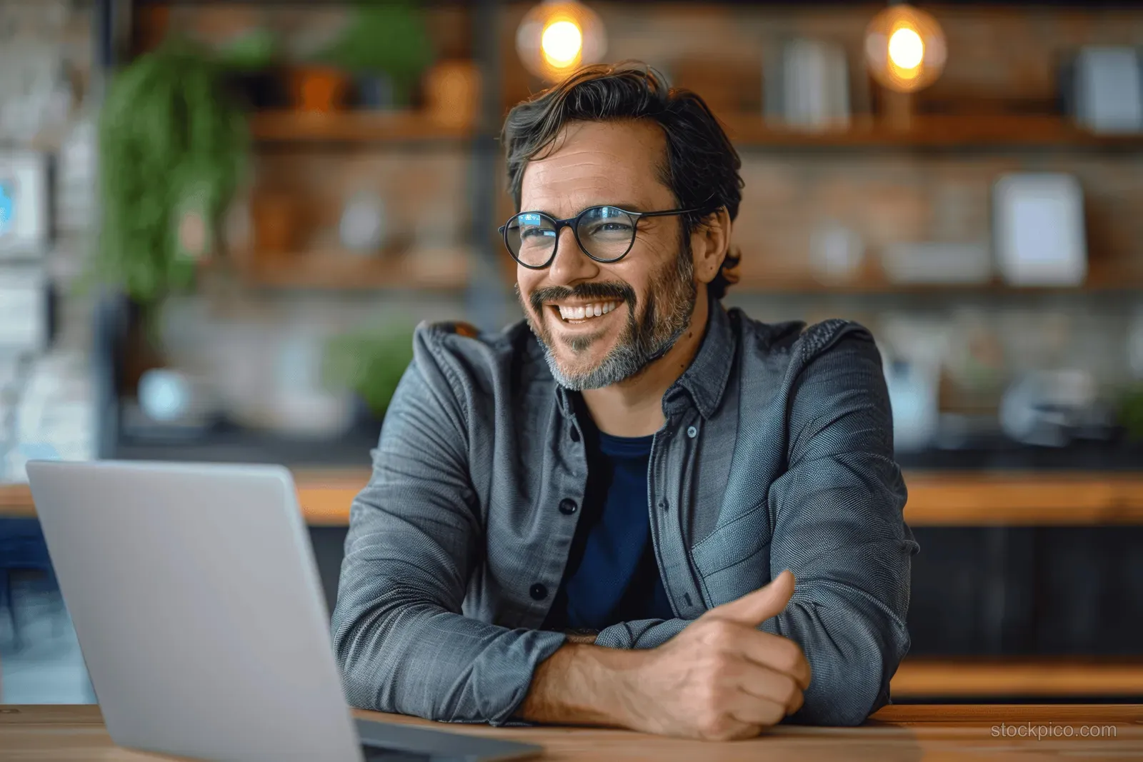 A smiling male project manager collaborates on a laptop during an online meeting at his office desk.