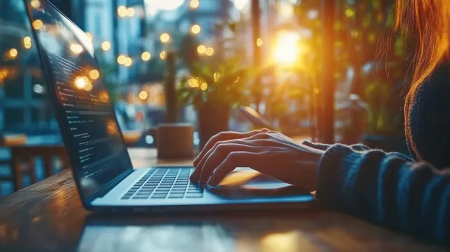 A businessman types on a laptop at a cafe table with warm sunlight and blurred lights behind him.