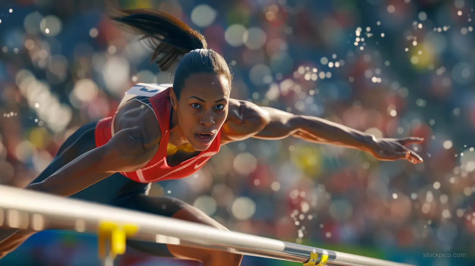 Female athlete in a red track uniform clears a hurdle during a crowded outdoor sprint event.
