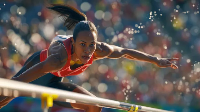 Female athlete in a red track uniform clears a hurdle during a crowded outdoor sprint event.