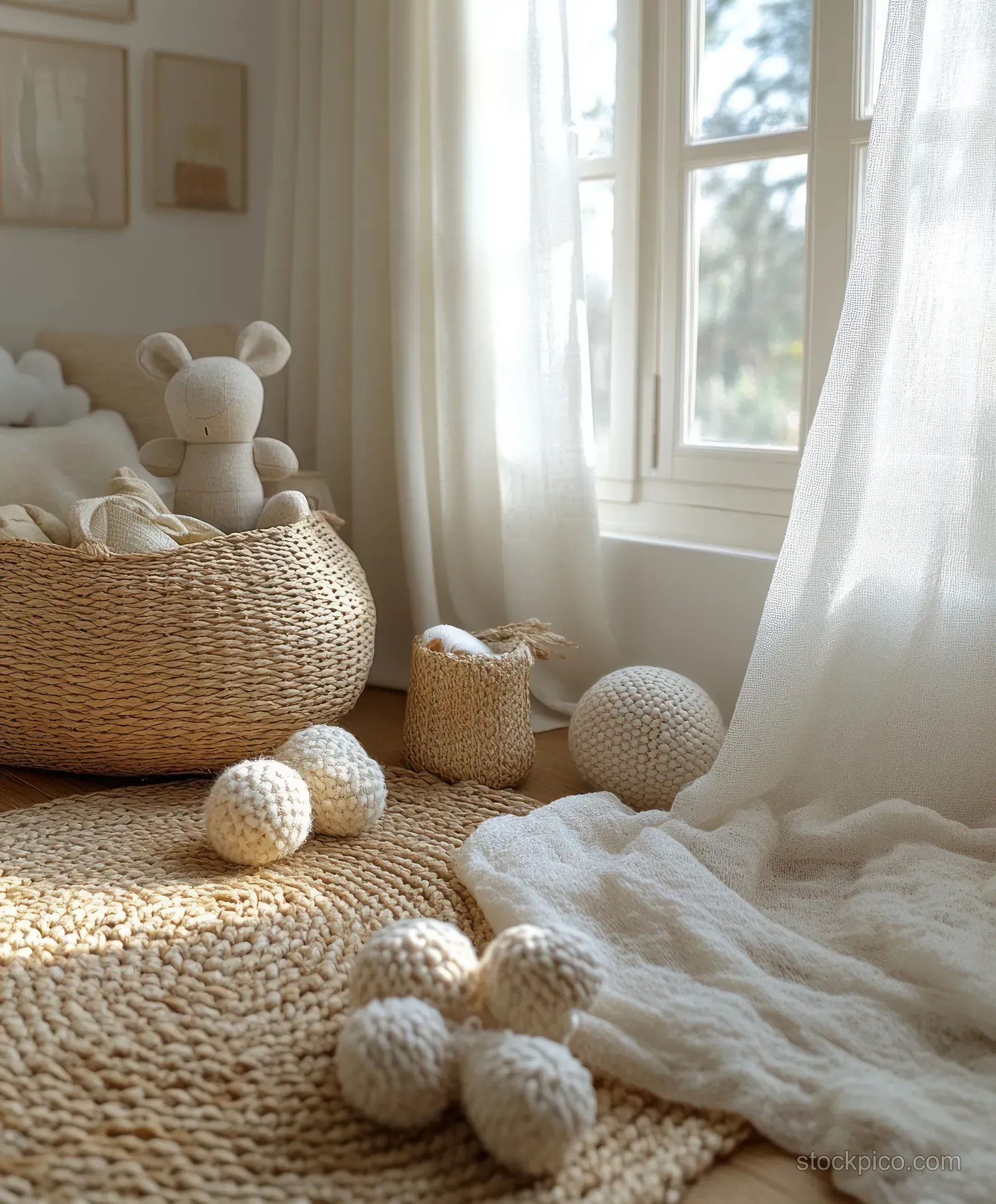 Sunlit Scandinavian nursery corner with woven baskets, soft stuffed toys, and sheer curtains by a window.