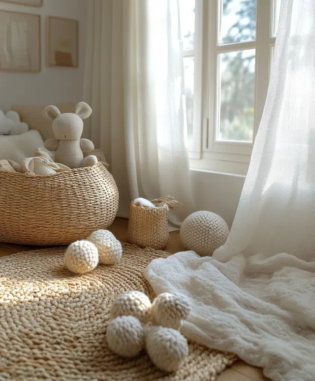 Sunlit Scandinavian nursery corner with woven baskets, soft stuffed toys, and sheer curtains by a window.