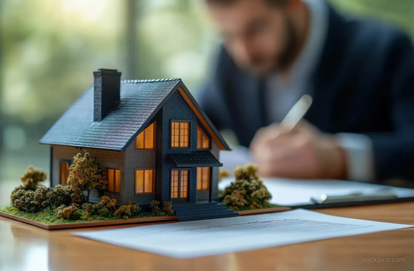 A lit miniature house model sits on papers as a businessman writes with a pen in the background.