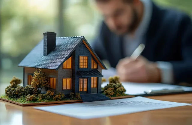 A lit miniature house model sits on papers as a businessman writes with a pen in the background.