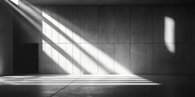 Empty concrete room interior with strong sunbeams, central opening, and rough tiled floor.