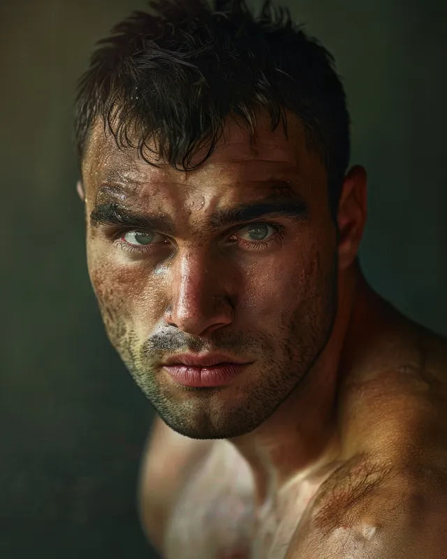 Intense Greco-Roman wrestler portrait with raised guard and determined expression under arena lights
