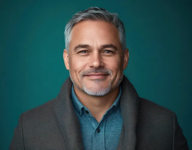 Smiling middle-aged man with gray beard posing in a teal studio portrait