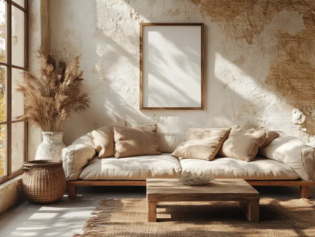 Sunlit minimalist living room with beige sofa, wooden coffee table, pampas vase, and a blank framed artwork on a textured wall.