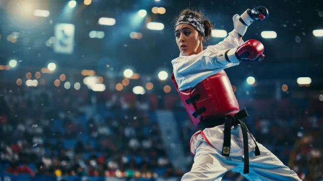 A taekwondo fighter in dobok drives a high kick in a crowded arena with bright lights and blurred spectators.