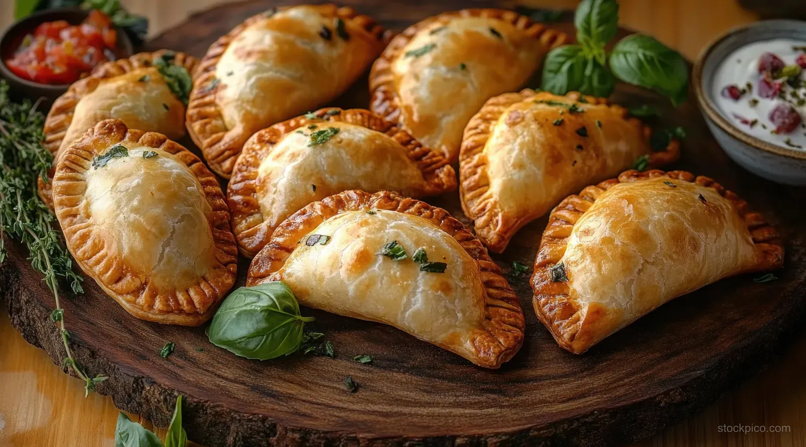 Golden baked empanadas with herb garnish sit on a rustic board beside fresh basil and bowls of dipping sauce.