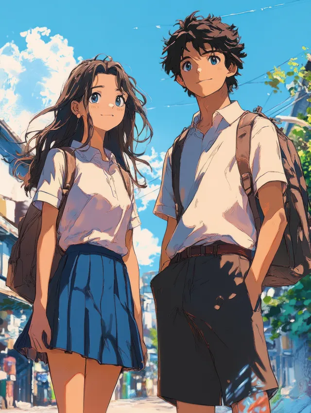 Anime students in school uniforms walking together on a sunny campus path with trees and blue sky behind them.
