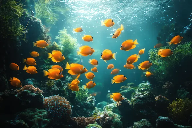 Rainbow runner fish swim above Goniopora coral on a sunlit reef in the Andaman Sea.