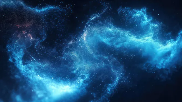Blue glowing particles swirl into a cosmic cloud over a dark background, with nebula-like wisps and star specks.