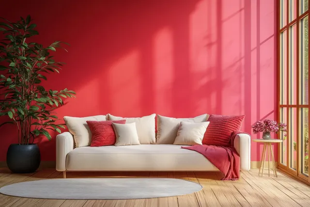 Beige sofa with red cushions sits in a cozy living room under warm daylight against a pink wall.