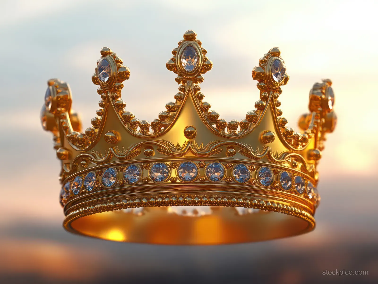 Golden crown with blue gemstones glowing softly in warm sunset light against a blurred background.
