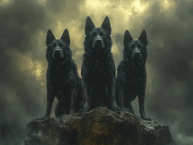Cerberus, a three-headed dog guardian, stands on jagged rock under a stormy foggy sky.