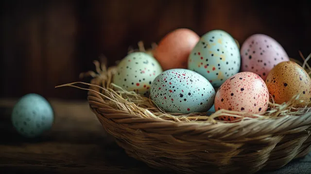 Pastel speckled eggs in a woven basket on straw against a dark wooden background with one blue egg outside.