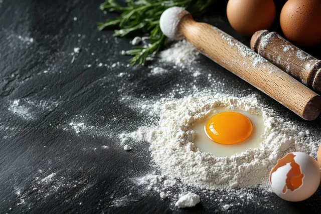 Top view shows flour dust, a wooden rolling pin, and a cracked egg on a dark slate background.