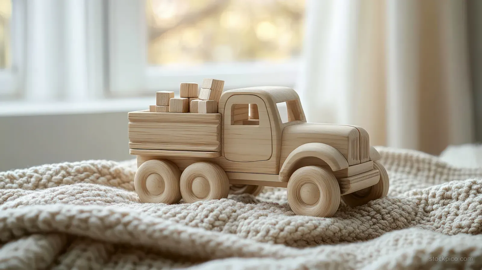 Handcrafted wooden toy truck with stacked cargo blocks on beige knitted fabric near a sunlit window.