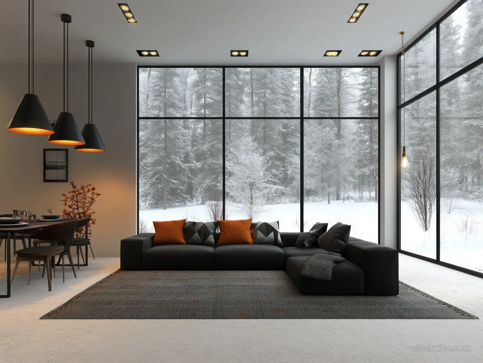 Black sectional sofa faces large windows showing snowy trees, with pendant lamps and warm ambient light inside.