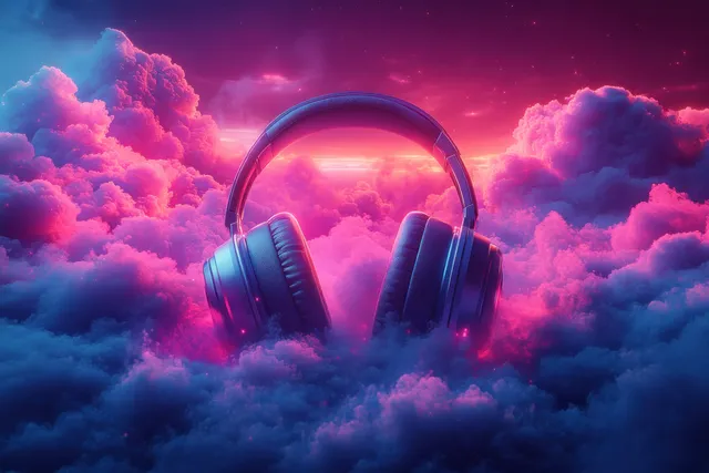 Air-purifying headphones float above smog clouds, surrounded by neon pink and blue haze and glowing filter lights.