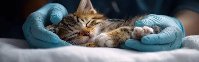 Blue-gloved hands hold a sleeping kitten on a soft white surface, showing gentle veterinary comfort.