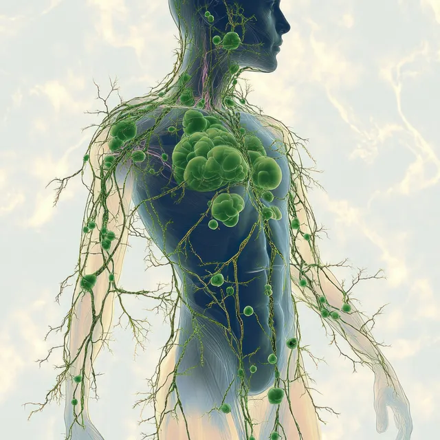 Transparent female chest and abdomen showing lymphatic vessels and lymph nodes with Female Reproductive Health Context