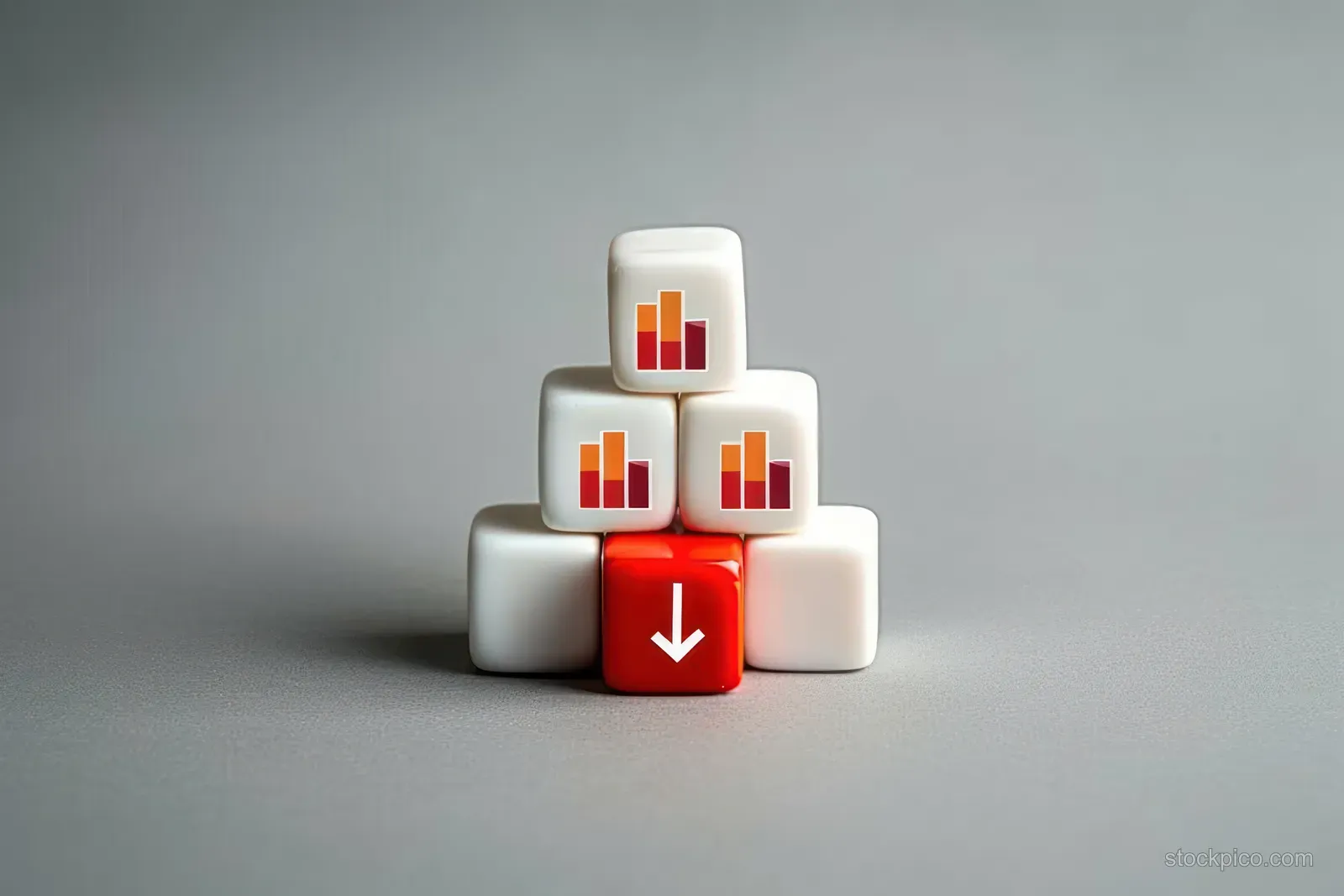 Stack of white dice with bar chart icons and a red dice front face showing a white downward arrow on gray surface.