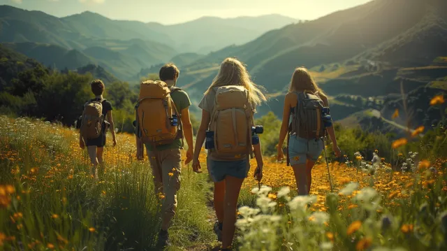 Group of hikers walking a wildflower trail through sunlit green mountain valley