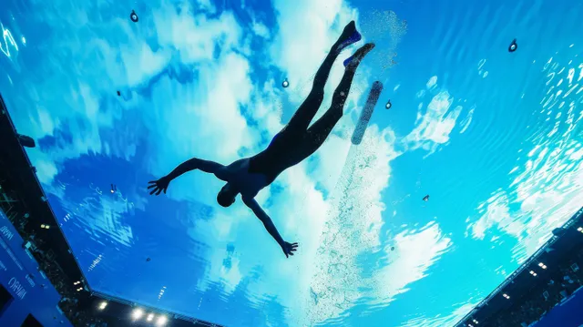 British male diver in mid-air above a blue indoor pool during a springboard diving competition.