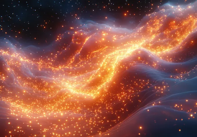 Glowing cosmic nebula streams swirl with shimmering particles and dotted light against dark space