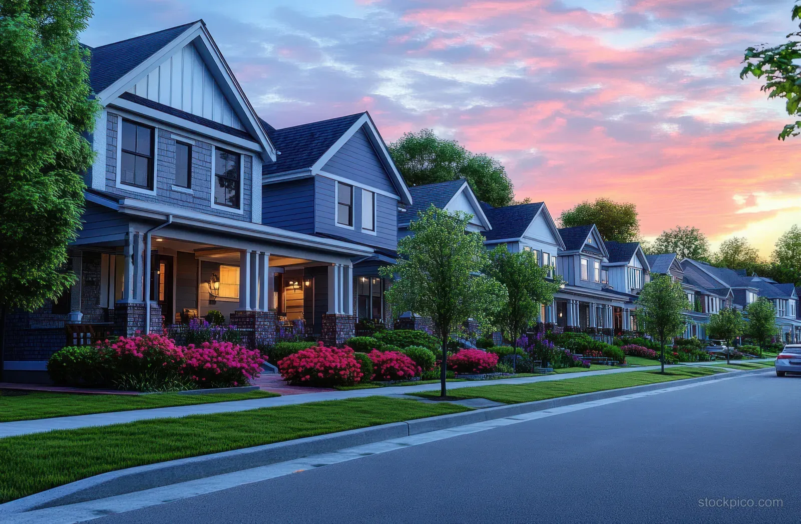 Sunset suburban street with modern two-story houses, manicured lawns, and blooming flowers under a pink sky.