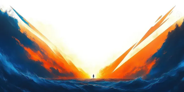 A lone silhouette stands between fiery orange and deep blue abstract shapes with a bright glow behind.
