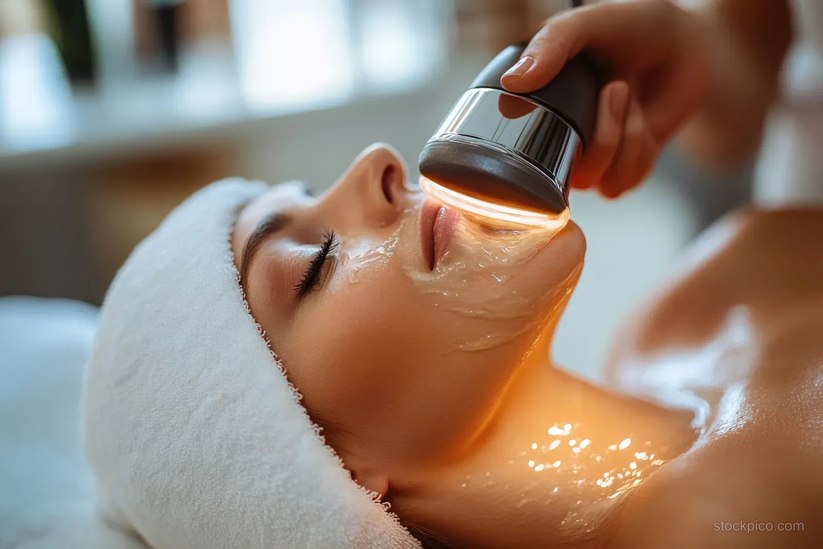 Woman with eyes closed receives glowing facial treatment on chin and neck using a handheld device indoors.