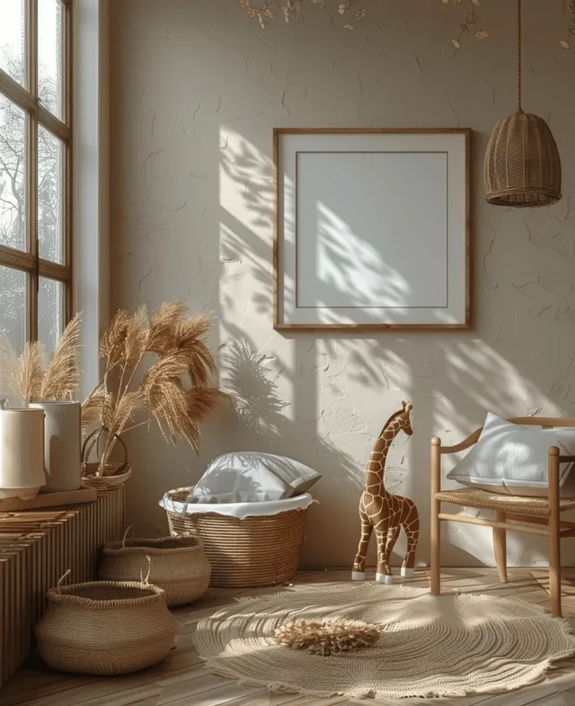 Empty wooden picture frame centered on a linen blanket with wooden toys and warm sunlight through a window.