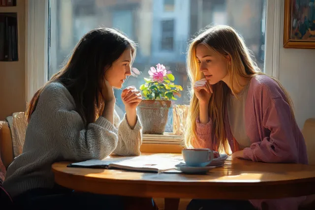 A mother and daughter argue at a kitchen table while reviewing homework and school papers.