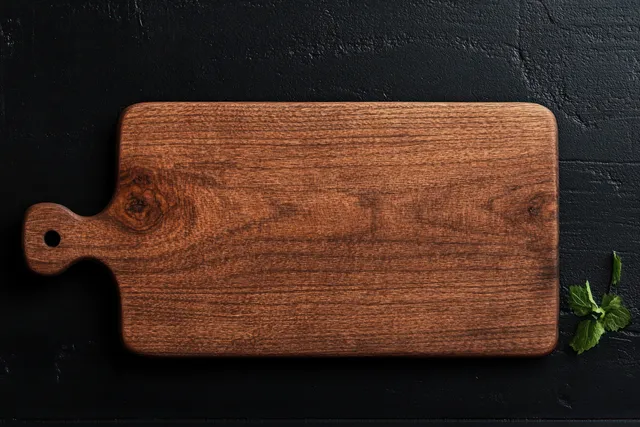 Rustic walnut cutting board on a dark background with natural light emphasizing the wood grain and small herb sprigs.