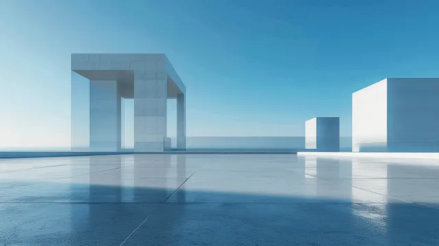 Minimal concrete cube architecture with columns on reflective terrace under clear blue sky