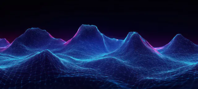 Neon blue and purple wireframe mountain peaks form a digital horizon on a dark background.