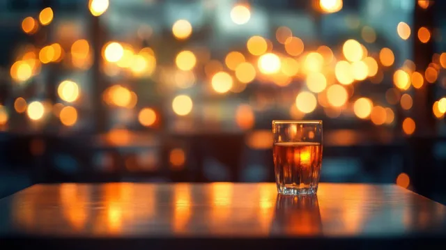 Amber drink in a glass on a reflective wooden table with warm blurred bokeh lights in the background.