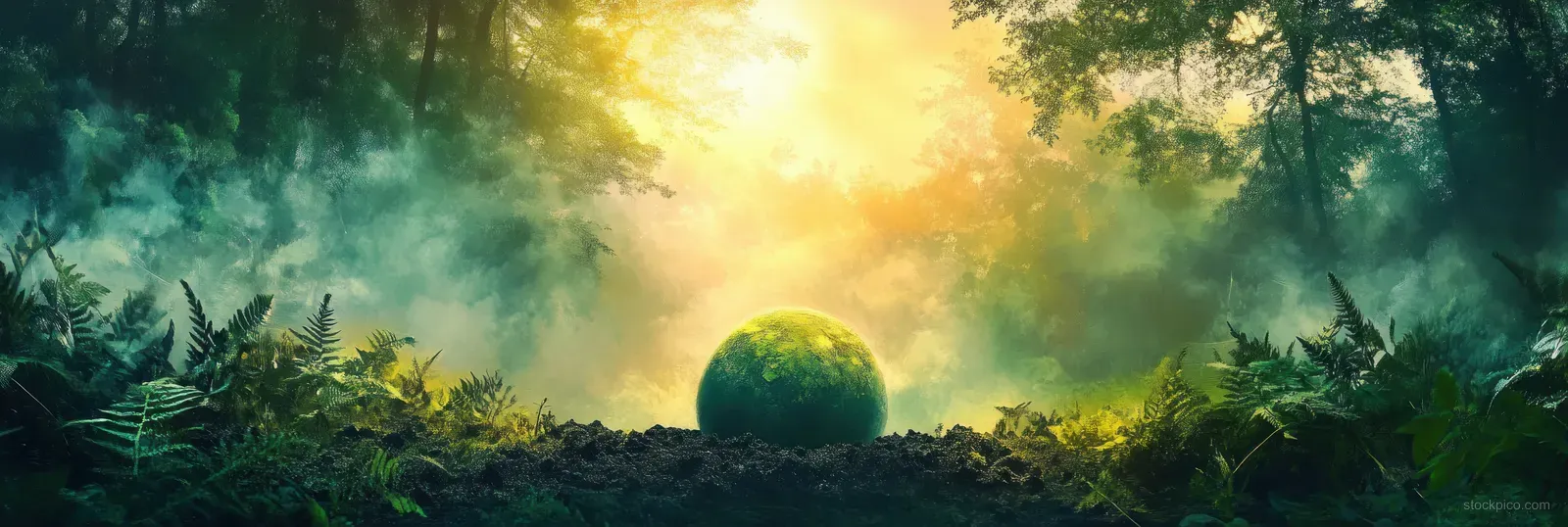 Green Earth globe on fertile soil with ferns and moss under golden sunlight in a misty forest.