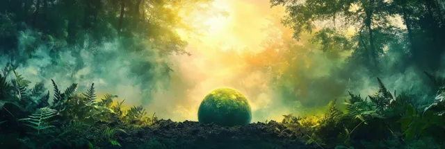 Green Earth globe resting on fertile soil with ferns under warm forest sunlight